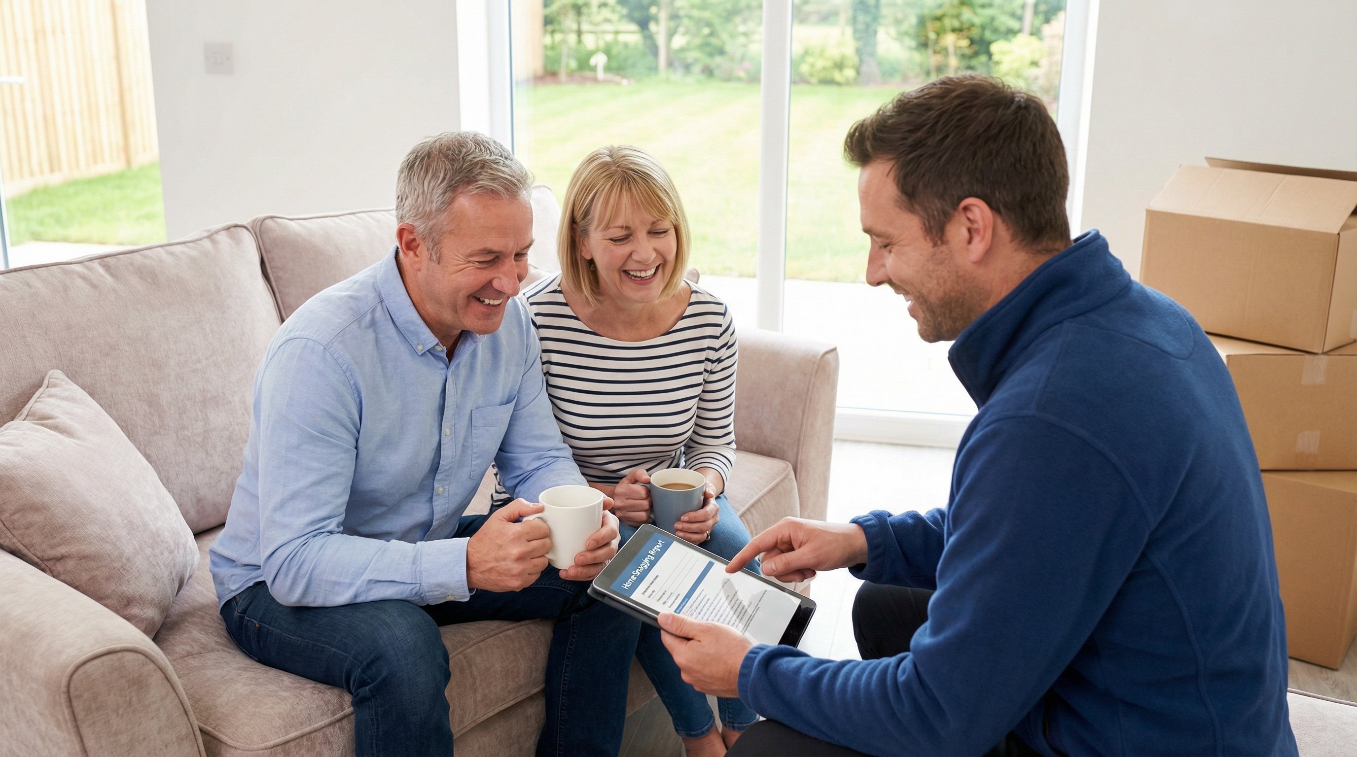 Professional snagging surveyor meeting with happy clients